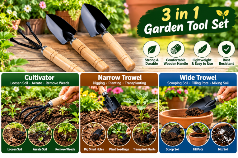 Hand trowel and cultivator with wooden handles