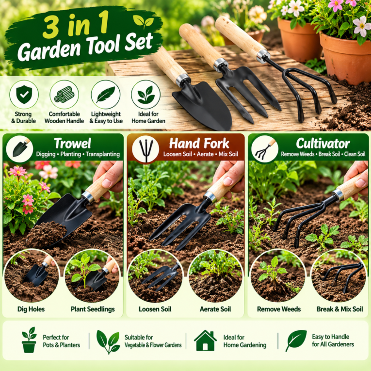 Garden tool kit with wooden handles